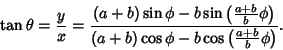 \begin{displaymath}
\tan\theta = {y\over x}={(a+b)\sin\phi-b\sin\left({{a+b\over...
...t)\over
(a+b)\cos\phi-b\cos\left({{a+b\over b}\phi}\right)}.
\end{displaymath}