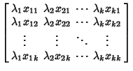 $\displaystyle \left[\begin{array}{cccc}\lambda_1x_{11} & \lambda_2x_{21} & \cdo...
... \lambda_1x_{1k} & \lambda_2x_{2k} & \cdots & \lambda_kx_{kk}\end{array}\right]$