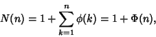 \begin{displaymath}
N(n)=1+\sum_{k=1}^n \phi(k)=1+\Phi(n),
\end{displaymath}