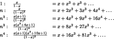 \begin{displaymath}
\matrix{
1:\hfill &{x\over 1-x}\hfill &=x+x^2+x^3+\ldots\hf...
...^2+10x+1)\over(1-x)^5}\hfill &=x+16x^2+81x^3+\ldots.\hfill\cr}
\end{displaymath}