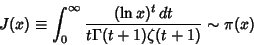 \begin{displaymath}
J(x)\equiv \int_0^\infty {(\ln x)^t\,dt\over t\Gamma(t+1)\zeta(t+1)}\sim\pi(x)
\end{displaymath}