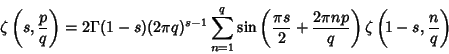 \begin{displaymath}
\zeta\left({s,{p\over q}}\right)=2\Gamma(1-s)(2\pi q)^{s-1}\...
...+{2\pi np\over q}}\right)\zeta\left({\!1-s, {n\over q}}\right)
\end{displaymath}