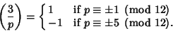 \begin{displaymath}
\left({3\over p}\right)=\cases{
1 & if $p\equiv \pm 1\ \lef...
...
-1 & if $p\equiv \pm 5\ \left({{\rm mod\ } {12}}\right)$.\cr}
\end{displaymath}