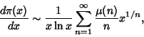 \begin{displaymath}
{d\pi(x)\over dx}\sim {1\over x\ln x}\sum_{n=1}^\infty {\mu(n)\over n}x^{1/n},
\end{displaymath}