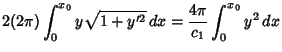 $\displaystyle 2(2\pi)\int_0^{x_0}y\sqrt{1+y'^2}\,dx
= {4\pi\over c_1} \int_0^{x_0} y^2\,dx$