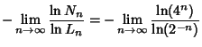 $\displaystyle -\lim_{n\to \infty}{\ln N_n\over\ln L_n} = -\lim_{n\to\infty}{\ln(4^n)\over\ln(2^{-n})}$