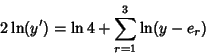 \begin{displaymath}
2\ln(y') = \ln 4+\sum_{r=1}^3 \ln(y-e_r)
\end{displaymath}