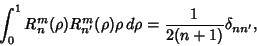 \begin{displaymath}
\int_0^1 R_n^m(\rho)R_{n'}^m(\rho)\rho\,d\rho={1\over 2(n+1)}\delta_{nn'},
\end{displaymath}